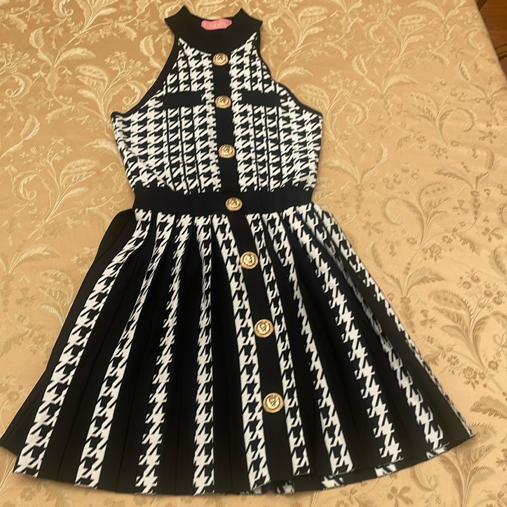 Louise James Black & White Houndstooth/Black Stripe knit dress size S